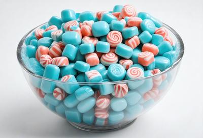 The primary subject of the image is a large bowl filled with colorful candy, predominantly featuring blue and pink colors. The bowl is placed on a white surface, which contrasts with the vibrant colors of the candy. The visual style of the image is a close-up of the bowl, showcasing the candy's details and textures. The overall atmosphere of the image is cheerful and inviting, as the candy is presented in an appetizing manner.