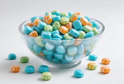 The primary subject of the image is a bowl filled with colorful candy, including blue, green, orange, and yellow candies. The bowl is placed on a white surface, which serves as the setting for the scene. The visual style of the image is a close-up of the bowl, showcasing the vibrant colors and textures of the candies. The overall atmosphere of the image is cheerful and inviting, with the colorful candy creating a sense of fun and indulgence.