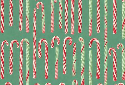 The primary subject of the image is a pattern of candy canes. The setting is a green background, and the visual style is a digital art or illustration. The dominant colors are red and white, creating a festive and cheerful atmosphere.