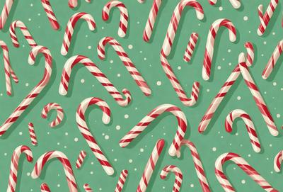 The primary subject of the image is a pattern of candy canes. The setting is a green background, and the visual style is a digital art or illustration. The dominant colors are red and white, creating a festive and cheerful atmosphere.