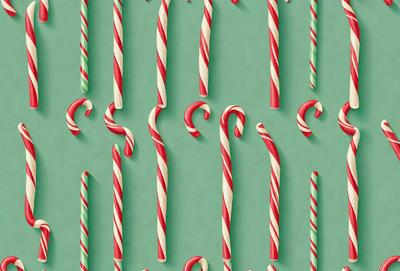 The primary subject of the image is a pattern of candy canes. The setting is a green background, and the visual style is a digital art or illustration. The dominant colors are red and green, creating a festive and cheerful atmosphere.