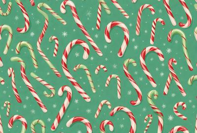 The primary subject of the image is a pattern of candy canes. The setting is a green background, and the visual style is a digital art or illustration. The dominant colors are red and white, creating a festive and cheerful atmosphere.