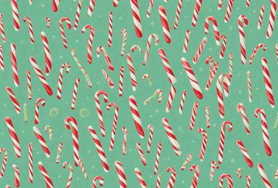 The primary subject of the image is a pattern of candy canes, which are red and white striped candies. The pattern is displayed on a green background, creating a festive and colorful appearance. The visual style of the image is a combination of digital art and illustration, as it features a detailed and intricate design. The colors and mood of the image are predominantly red and white, which are associated with the holiday season and convey a sense of joy and celebration.