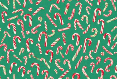 The primary subject of the image is a pattern of candy canes, which are green and white. The setting is a green background, and the visual style is a digital art or illustration. The dominant colors are green and white, creating a festive and cheerful atmosphere.