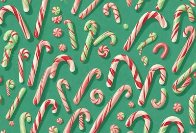 The primary subject of the image is a pattern of candy canes, which are green and white. The setting is a green background, and the visual style is a digital art or illustration. The colors and mood of the image are festive and cheerful, as the candy canes are a symbol of the holiday season.