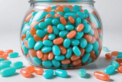 The primary subject of the image is a glass jar filled with colorful candy, including orange and blue candies. The jar is placed on a white surface, which serves as the setting for the scene. The visual style of the image is a close-up of the jar, showcasing the vibrant colors and textures of the candy. The dominant colors in the image are orange and blue, creating a lively and cheerful atmosphere.