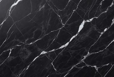 The primary subject of the image is a black and white marble pattern. The setting is a black background, and the visual style is a close-up of the marble pattern. The colors and mood of the image are predominantly black and white, creating a classic and elegant atmosphere.