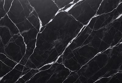 The primary subject of the image is a marble countertop with a black and white pattern. The setting is a kitchen, and the visual style is a close-up of the countertop. The colors and mood of the image are predominantly black and white, giving it a classic and elegant appearance.