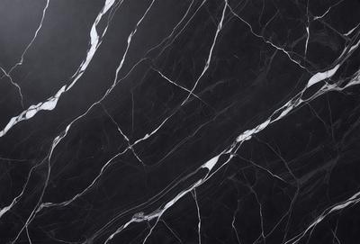 The primary subject of the image is a marble countertop with a black and white pattern. The setting is a kitchen, and the visual style is a close-up of the countertop. The colors and mood of the image are predominantly black and white, giving it a classic and elegant appearance.