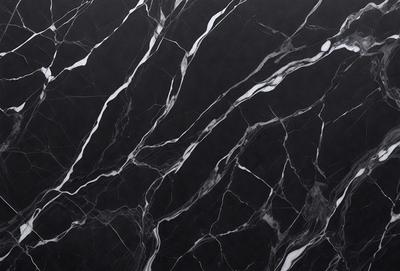 The image features a black marble countertop with a white marble pattern. The countertop has a black and white marble design, creating a visually striking contrast. The marble pattern is the primary subject of the image, showcasing the unique and elegant design of the countertop.