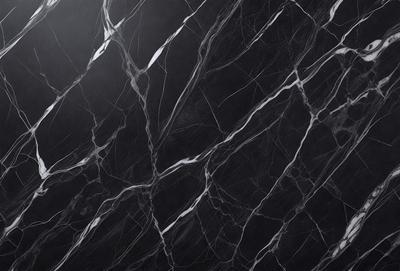 The primary subject of the image is a black marble wall with a pattern of white veins. The setting is a dark room, and the visual style is a close-up of the marble wall. The colors and mood of the image are predominantly dark, with the white veins on the black marble wall providing a contrasting element.