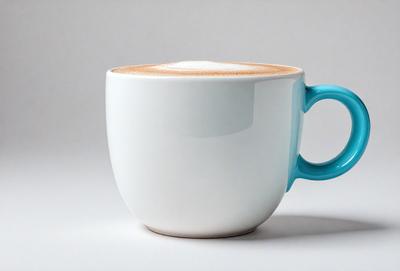 The primary subject of the image is a white coffee cup with a blue handle. The cup is filled with a beverage, possibly coffee or tea, and has a foamy top. The setting is a white surface, which provides a clean and minimalistic backdrop for the cup. The visual style is a realistic representation of the coffee cup and its contents. The colors and mood of the image are predominantly white and neutral, with the blue handle adding a touch of color and contrast.
