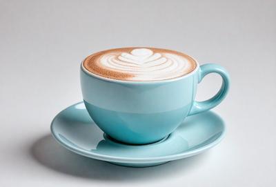 The primary subject of the image is a cup of coffee, which is placed on a blue plate. The setting is a white background, and the visual style appears to be a photo. The dominant colors in the image are blue and white, creating a calm and soothing atmosphere.