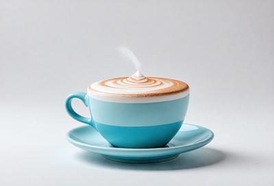The primary subject of the image is a cup of coffee, which is placed on a blue plate. The setting is a white background, and the visual style appears to be a photo. The dominant colors in the image are blue and white, creating a clean and minimalist atmosphere.