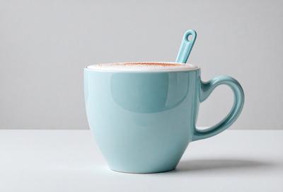 The primary subject of the image is a blue coffee mug filled with a hot beverage. The mug is placed on a white surface, which serves as the setting or background. The visual style of the image is a photo, capturing the details of the mug and its contents. The dominant colors in the image are blue and white, creating a calm and soothing atmosphere.