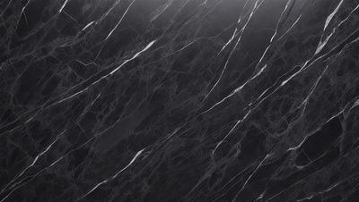 The primary subject of the image is a black marble wall with white veins. The setting is a room with a black and white marble floor. The visual style is a close-up of the marble wall, showcasing its unique texture and design. The colors and mood of the image are predominantly black and white, giving it a sophisticated and elegant appearance.