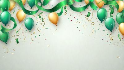 The primary subject of the image is a white wall with a green and gold balloon decoration. The setting is a room with a wall, and the visual style is a digital art or illustration. The colors and mood of the image are festive and celebratory, with the green and gold balloons adding a touch of elegance to the scene.