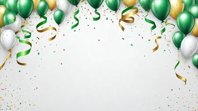 The primary subject of the image is a white background with a green ribbon and balloons. The ribbon is tied in a bow, and the balloons are scattered around it. The setting is a celebration, and the visual style is a combination of digital art and illustration. The colors are predominantly green and white, creating a festive and joyful atmosphere.