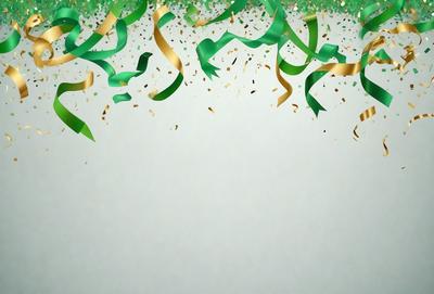 The primary subject of the image is a green and gold confetti-like pattern. The setting is a white background, which provides a clean and uncluttered appearance. The visual style is a combination of digital art and illustration, creating a vibrant and eye-catching design. The colors and mood of the image are lively and festive, with the green and gold confetti adding a sense of celebration and joy.