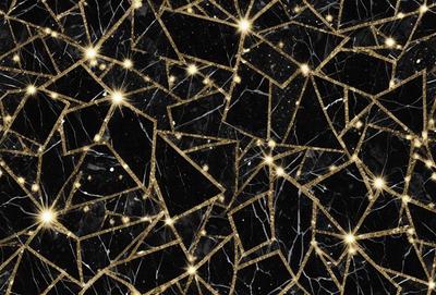 The primary subject of the image is a pattern of gold stars on a black background. The setting is a dark, starry night, with the stars being the main focus of the image. The visual style is a combination of digital art and illustration, creating a unique and eye-catching design. The colors are predominantly black and gold, giving the image a bold and striking appearance.