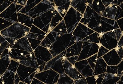 The primary subject of the image is a black and gold star pattern. The setting is a black background, and the visual style appears to be a combination of a photo and digital art. The dominant colors are black and gold, creating a bold and striking atmosphere.