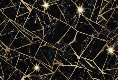 The primary subject of the image is a black and gold marble pattern. The setting is a black background, and the visual style is a close-up of the marble pattern. The dominant colors are black and gold, creating a luxurious and elegant atmosphere.