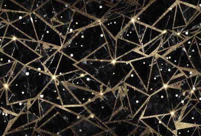 The primary subject of the image is a pattern of gold stars on a black background. The setting is a dark, starry night, with the stars creating a sense of depth and mystery. The visual style is a combination of digital art and illustration, with the gold stars and black background creating a striking contrast. The colors and mood of the image are predominantly dark and mysterious, with the gold stars providing a touch of warmth and light.