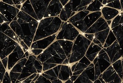 The primary subject of the image is a close-up of a black and gold patterned surface, which appears to be a marble or granite countertop. The setting is a dark room, and the visual style is a combination of a photo and digital art. The colors and mood of the image are predominantly dark, with the gold and black colors creating a contrasting and visually striking pattern.