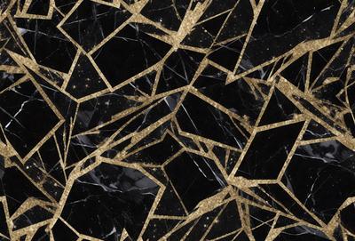 The primary subject of the image is a black and gold marble pattern. The setting is a black background, and the visual style appears to be a combination of a photo and digital art. The dominant colors are black and gold, creating a luxurious and elegant atmosphere.