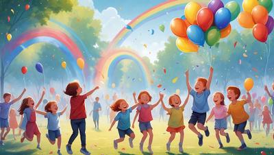 The primary subject of the image is a group of children playing in a field. They are enjoying themselves as they fly a kite together. The setting is an open field with a sky background. The visual style is an illustration, depicting a lively and cheerful atmosphere. The colors are predominantly bright and vibrant, with the children's clothing and the kite being the main focus of the image.