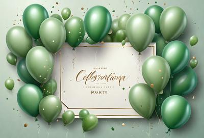 The primary subject of the image is a celebration, as indicated by the "Happy Celebration" sign. The setting is a festive environment, with balloons and a cardboard sign. The visual style is a combination of digital art and illustration, creating a lively and colorful atmosphere. The colors and mood are predominantly green, which adds to the celebratory theme.