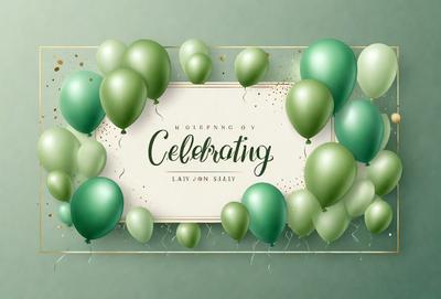 The primary subject of the image is a celebration, as indicated by the green balloons and the words "Celebrating" written on the balloons. The setting is a green background, which adds to the festive atmosphere. The visual style is a combination of digital art and illustration, creating a vibrant and lively scene. The colors are predominantly green, which is associated with celebrations and festivities.