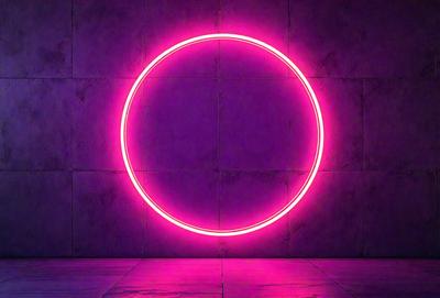 The primary subject of the image is a pink neon circle, which is the main object, scene, or focus of the image. The setting is a purple wall, and the visual style is a photo. The dominant colors and overall atmosphere are pink and purple, creating a vibrant and lively mood.