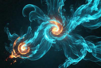 The primary subject of the image is a blue and orange swirling pattern, which appears to be a digital art or illustration. The setting is a dark background, and the visual style is a combination of digital art and illustration. The dominant colors are blue and orange, creating a vibrant and dynamic atmosphere.