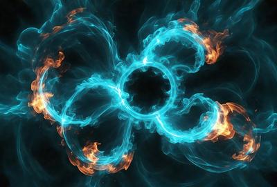 The primary subject of the image is a blue and orange flame, which appears to be a digital art or illustration. The setting is a dark background, and the visual style gives the impression of a futuristic or surreal scene. The dominant colors are blue and orange, creating a striking contrast between the two. The overall atmosphere of the image is mysterious and captivating.