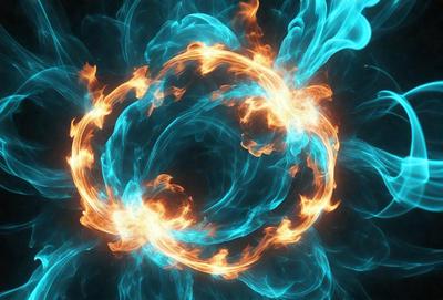 The primary subject of the image is a blue and orange flame, which appears to be a digital art or illustration. The setting is a dark background, and the visual style gives the impression of a swirling, circular motion. The dominant colors are blue and orange, creating a vibrant and dynamic atmosphere.