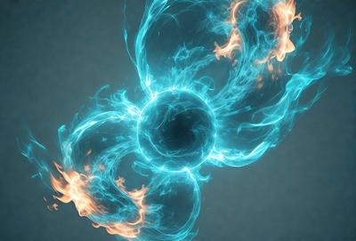 The primary subject of the image is a blue and orange flame, which appears to be a digital art or illustration. The setting is a blue background, and the visual style gives the impression of a futuristic or fantasy scene. The dominant colors are blue and orange, creating a vibrant and dynamic atmosphere.