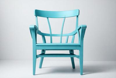 The primary subject of the image is a blue chair. The chair is placed on a white background, which creates a clean and minimalist appearance. The visual style of the image is a photo, capturing the chair in its natural setting. The dominant colors in the image are blue and white, giving the scene a calm and serene atmosphere.
