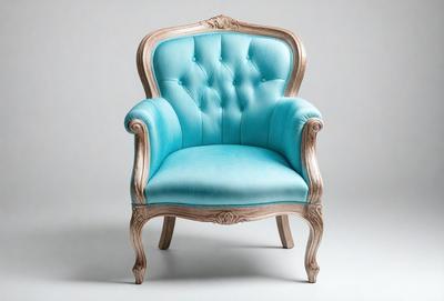 The primary subject of the image is a blue chair with a wooden frame. The chair is placed on a white surface, which serves as the background. The visual style of the image is a photo, capturing the details of the chair and its surroundings. The colors and mood of the image are predominantly blue and white, creating a clean and elegant atmosphere.