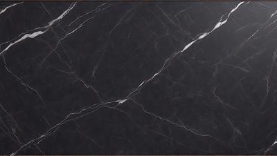 The primary subject of the image is a black marble countertop. The setting is a kitchen, with the countertop being the main focus of the scene. The visual style is a close-up of the marble countertop, showcasing its texture and pattern. The colors and mood of the image are dark and moody, with the black marble countertop being the dominant color.