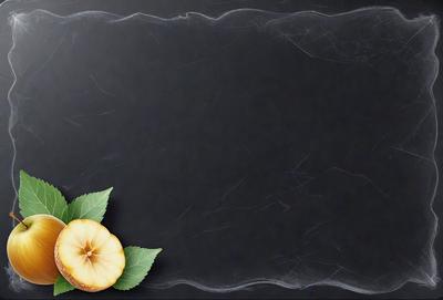 The primary subject of the image is a blank chalkboard with a green apple and a leaf placed on it. The setting is a black background, and the visual style appears to be a photo. The colors and mood of the image are predominantly black and white, giving it a classic and timeless appearance.