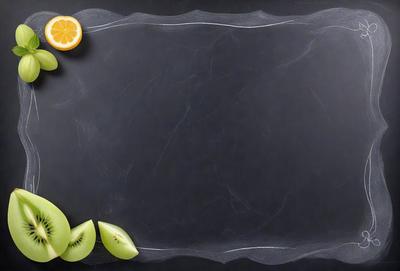 The primary subject of the image is a black chalkboard with a white frame. The setting is a table with a black background. The visual style is a photo of a chalkboard with fruit on it. The colors and mood are dark and moody, with the black chalkboard and white frame contrasting against the black background.