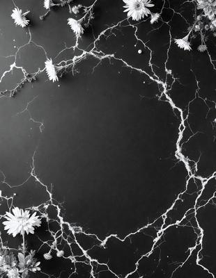 The primary subject of the image is a white flower, which is placed on a black surface. The setting appears to be a dark room, and the visual style is a close-up of the flower. The dominant colors in the image are black and white, creating a dramatic and moody atmosphere.