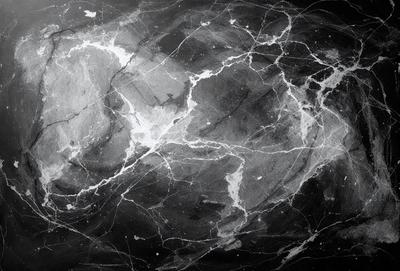 The primary subject of the image is a marble surface with a black and white color scheme. The setting is a stone wall, and the visual style is a black and white photo. The colors and mood of the image are dark and moody, creating a dramatic and artistic atmosphere.