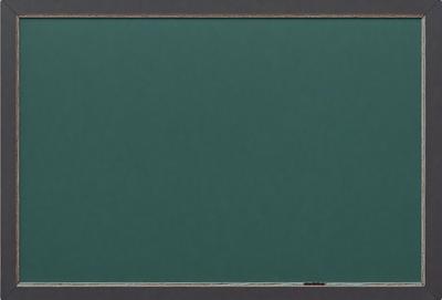 The primary subject of the image is a green chalkboard. The setting is a classroom, and the visual style is a photo. The dominant colors are green and blue, creating a calm and focused atmosphere.