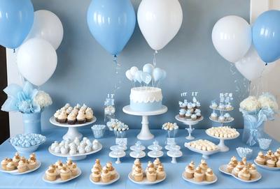 The primary subject of the image is a table filled with various desserts, including cupcakes and cakes. The table is set up with a blue tablecloth, and the desserts are arranged in an appealing manner. The setting is a dining table, and the visual style is a close-up of the desserts. The colors and mood of the image are predominantly blue, creating a calm and inviting atmosphere.
