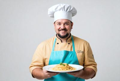 The primary subject of the image is a man wearing a chef's outfit, holding a plate of spaghetti. The man is smiling, and he appears to be a professional chef. The setting is a white background, which provides a clean and uncluttered look to the image. The visual style is a photo, capturing the man and the plate of spaghetti in detail. The colors in the image are predominantly white and yellow, giving the image a warm and inviting atmosphere.