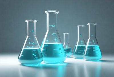 The primary subject of the image is a group of four chemistry beakers filled with blue liquid. The beakers are placed on a white surface, which serves as the background. The visual style of the image is a photo, capturing the details of the beakers and their contents. The colors and mood of the image are predominantly blue, creating a calm and scientific atmosphere.