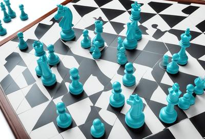 The primary subject of the image is a chessboard with blue pieces. The setting is a black and white checkered surface, which adds a classic and timeless feel to the scene. The visual style is a combination of photo and digital art, creating a realistic yet artistic representation of the chessboard. The dominant colors are blue and black, giving the image a calm and focused atmosphere.