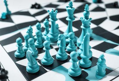 The primary subject of the image is a chessboard with blue chess pieces. The setting is a white surface, and the visual style is a photo. The dominant colors are blue and white, creating a calm and focused atmosphere.